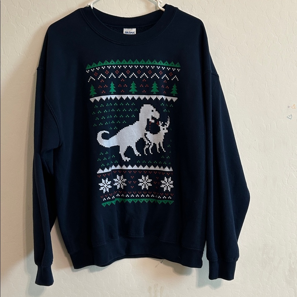 Ugly Christmas sweater Navy Blue Dinosaur Holiday Sweater